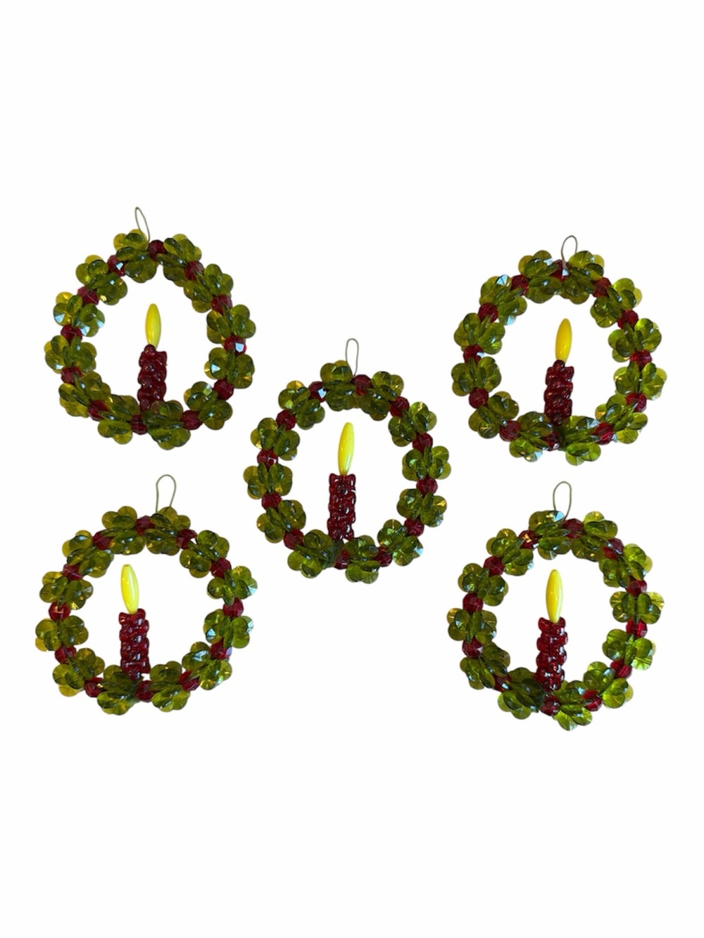 Set of 5 True Vintage 1970s Beaded Christmas Wreath Ornaments Candle Kitsch